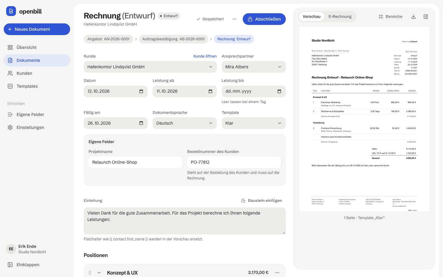 Der Dokument-Editor mit einem Rechnungsentwurf und der Live-Vorschau