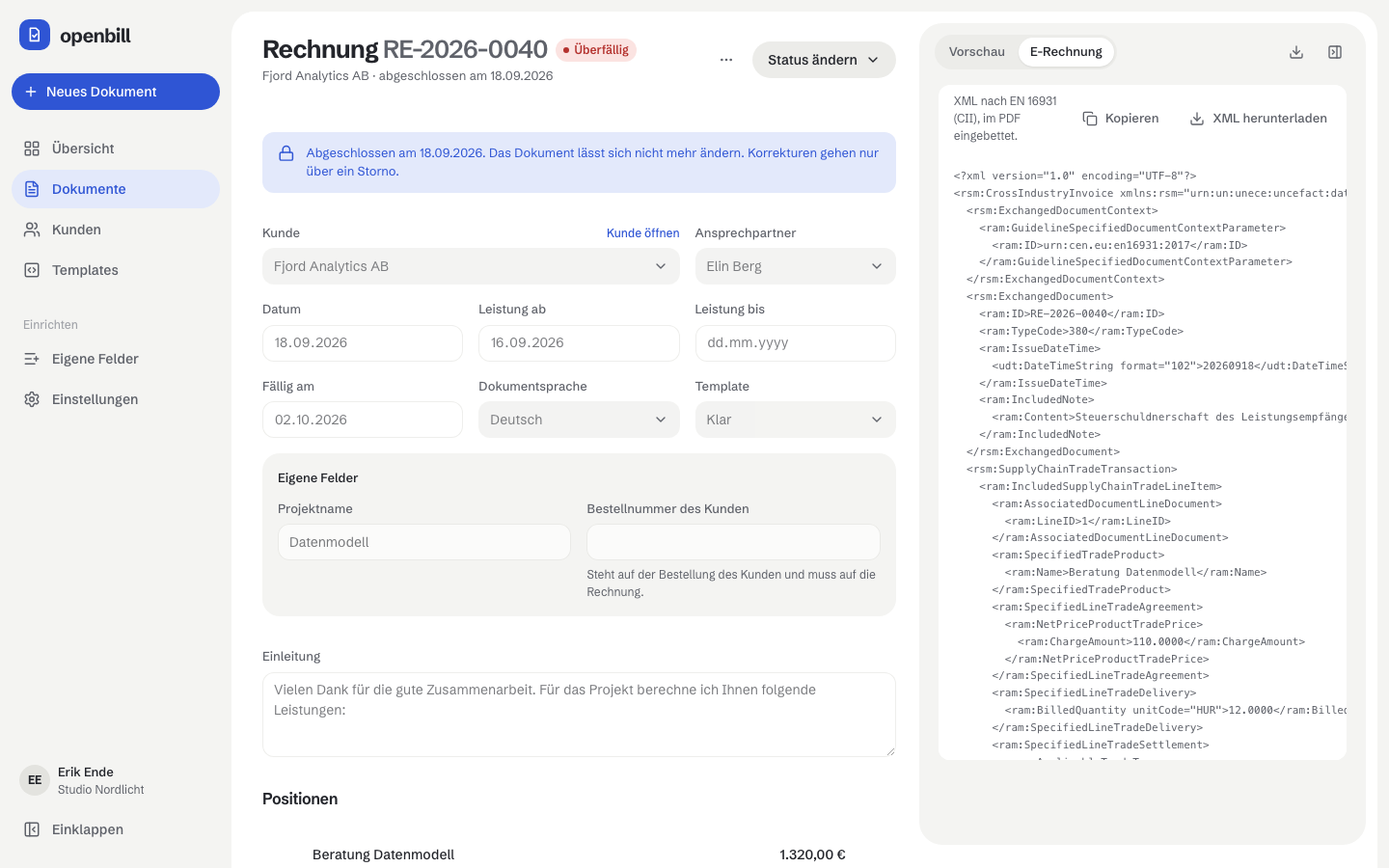 Die archivierte XML einer abgeschlossenen Rechnung im Editor