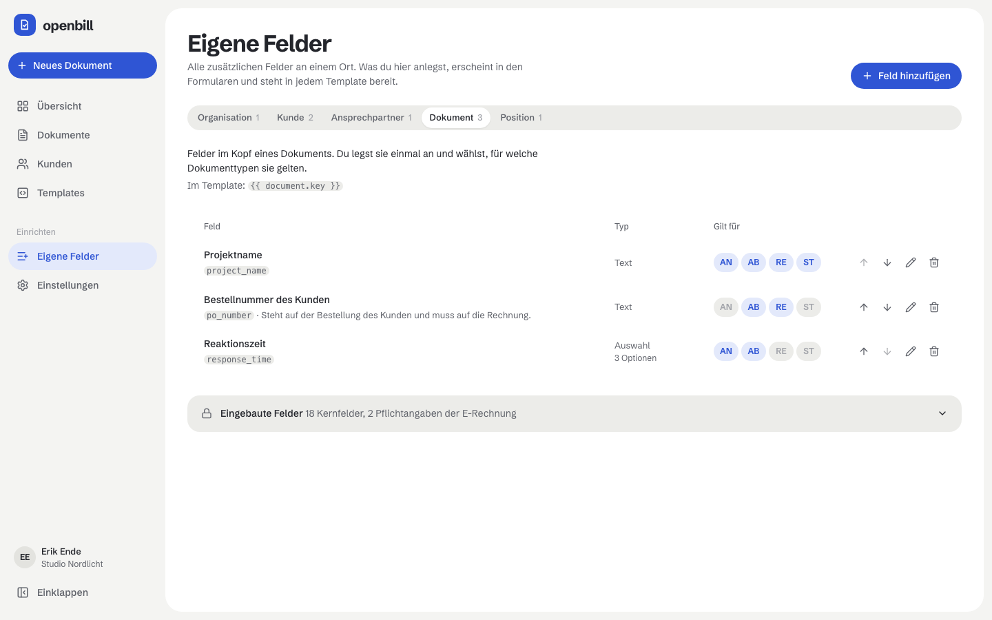 Eigene Felder der Dokumente