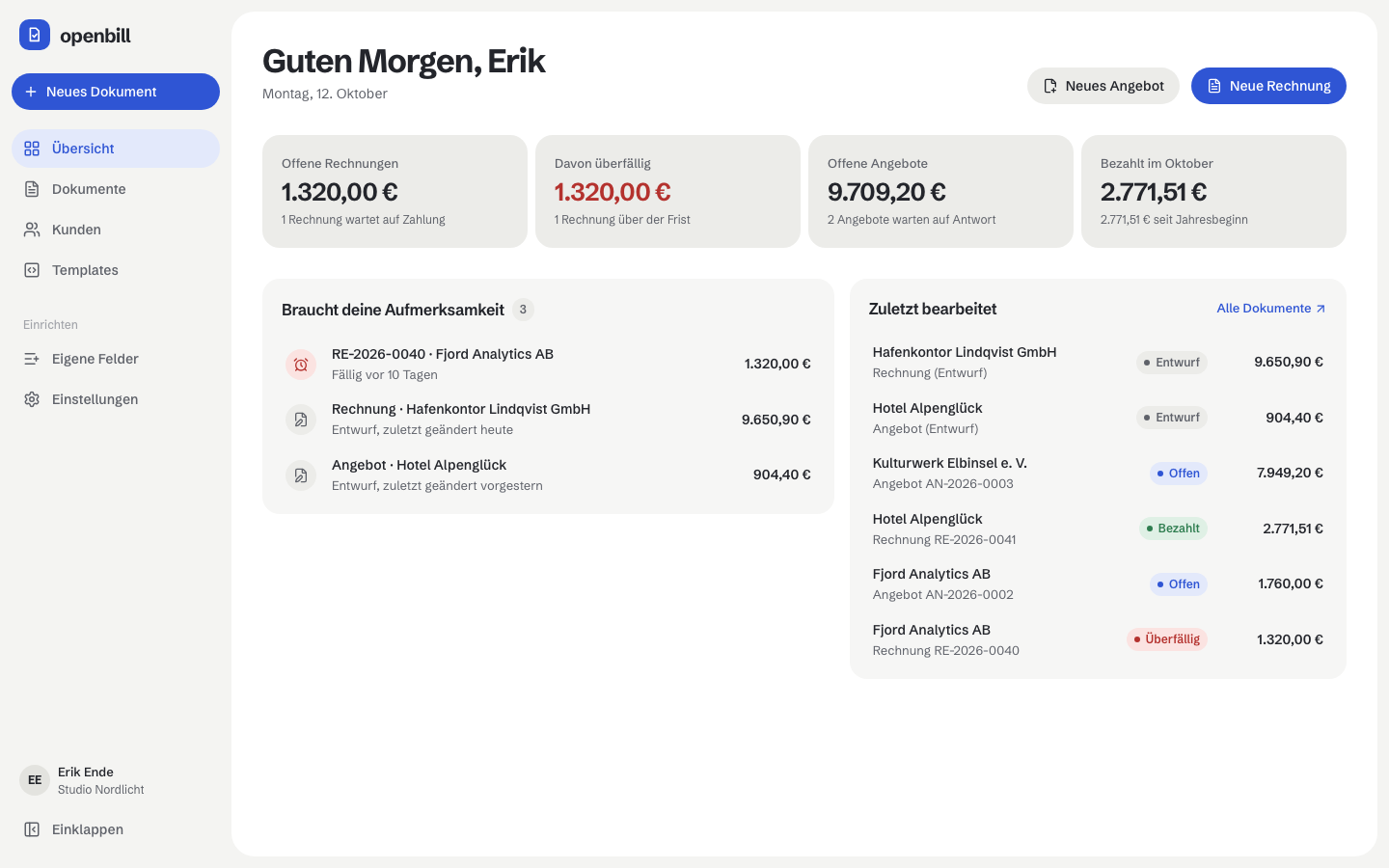 Die Übersicht mit offenen Beträgen, was Aufmerksamkeit braucht, und zuletzt bearbeiteten Dokumenten