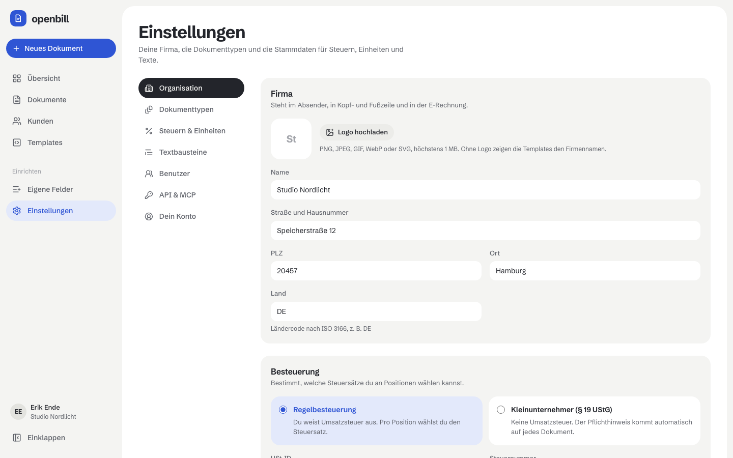 Die Einstellungen der Organisation mit Firmendaten, Besteuerung und USt-ID