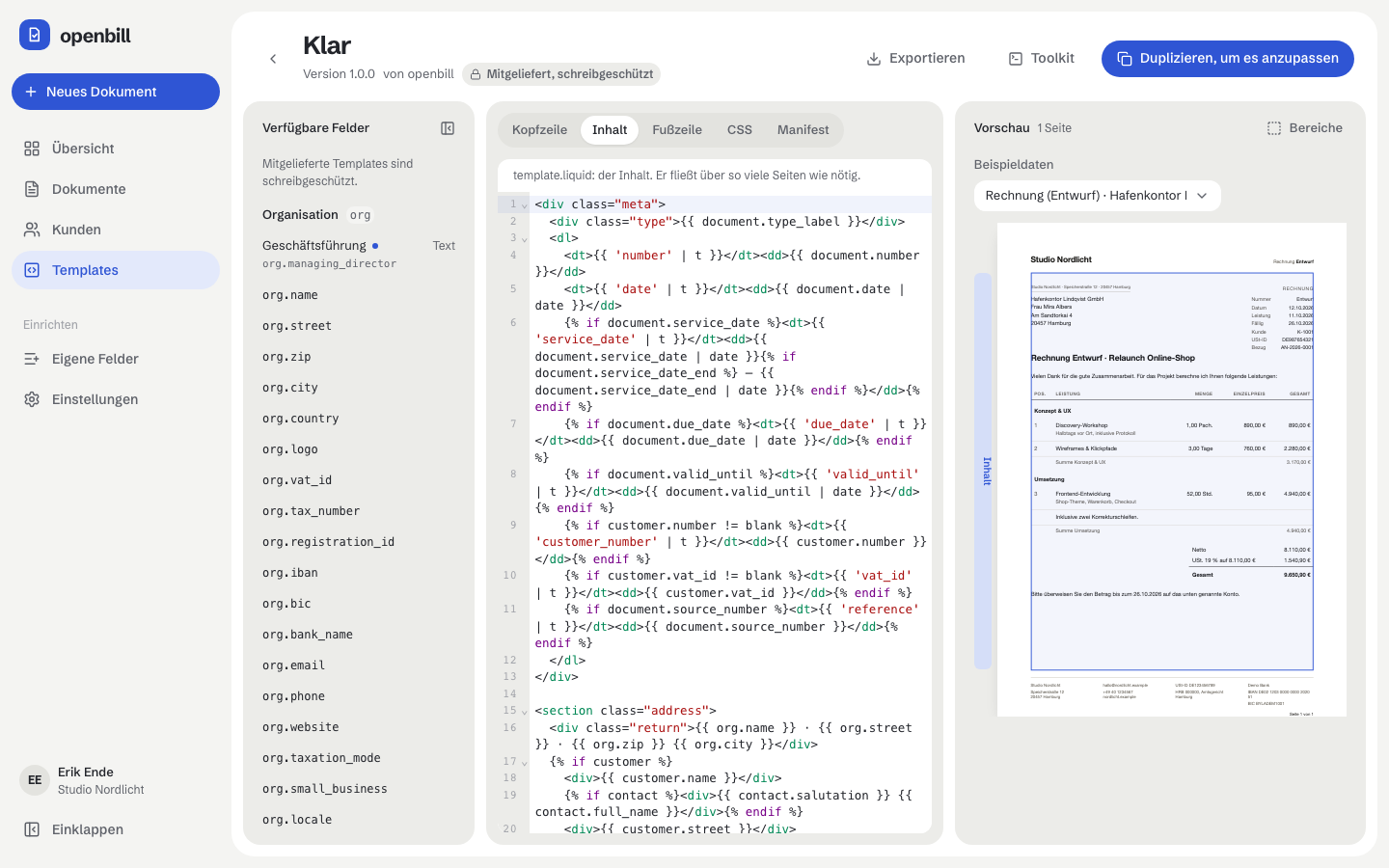 Der Template-Editor: Code links, Vorschau rechts