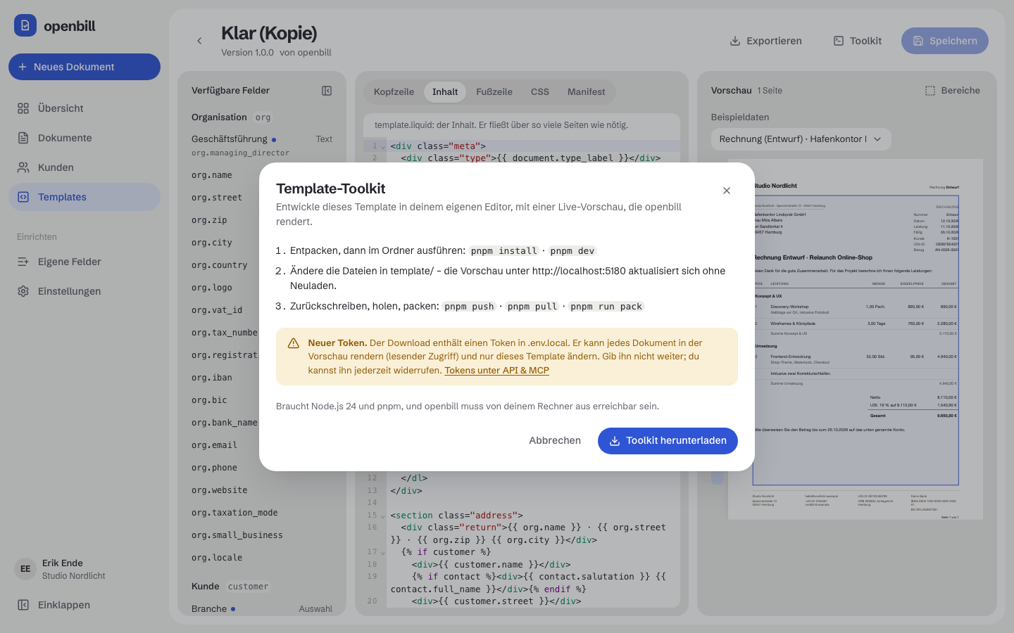 Der Toolkit-Dialog eines Templates in openbill