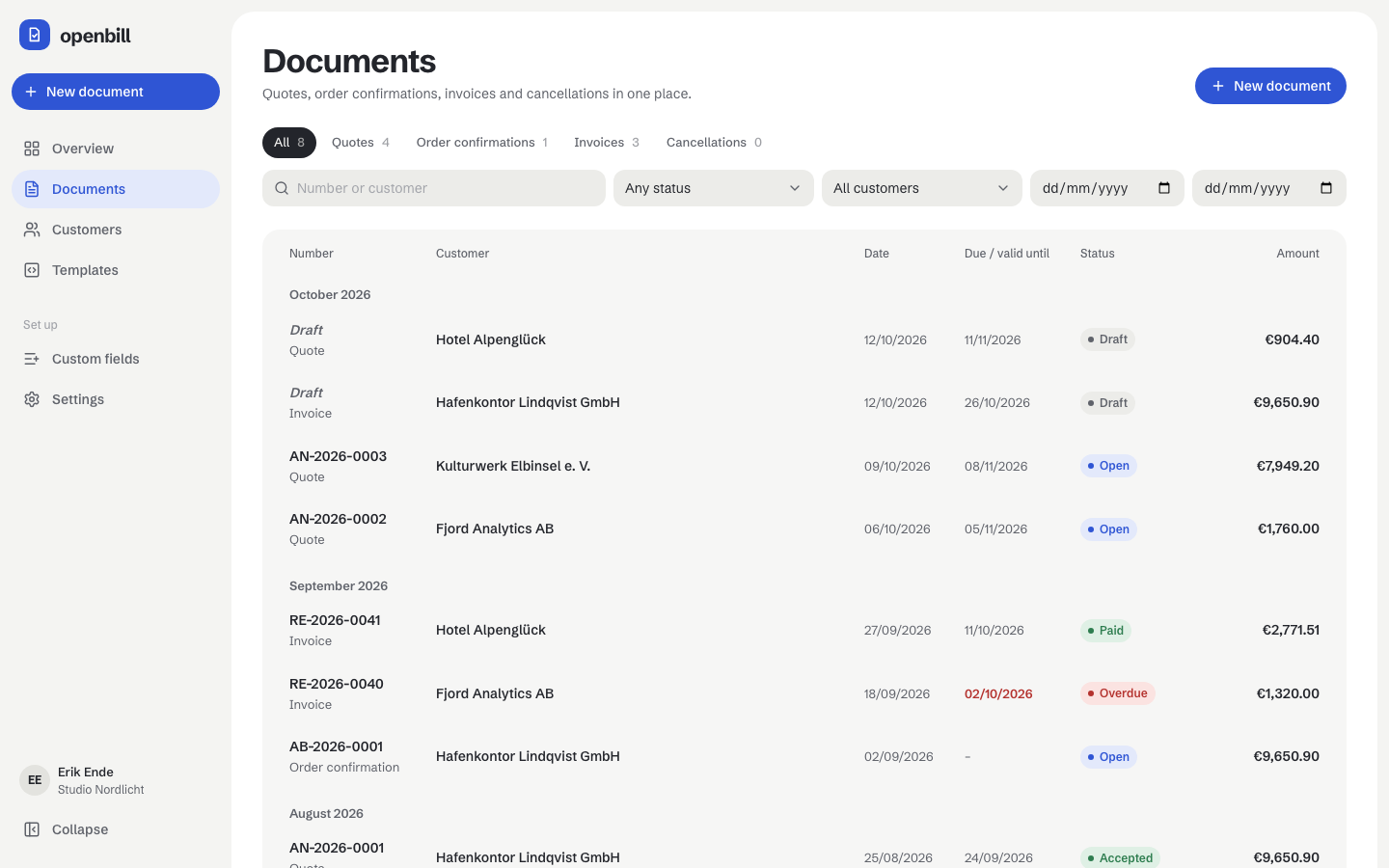The document list, filtered by type, status, customer and date
