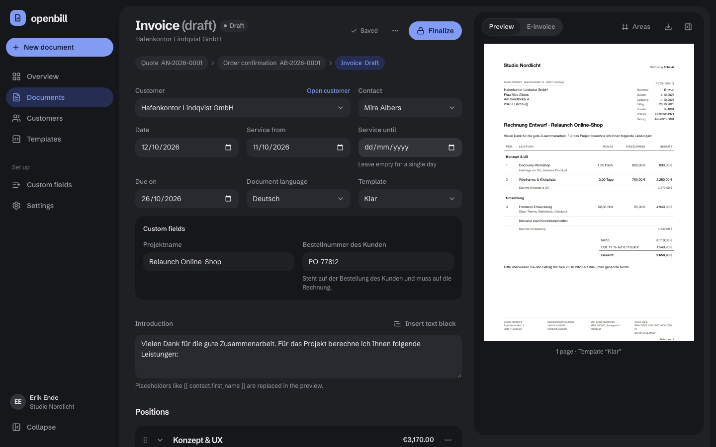 The editor in dark mode