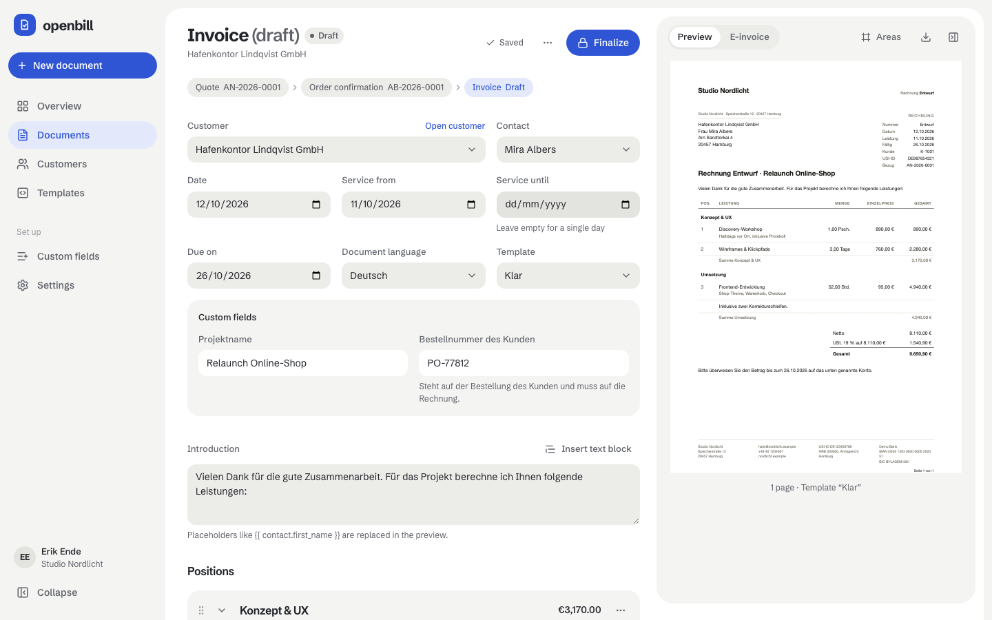 The document editor: a draft invoice with groups of positions, custom fields, the compliance check and the live preview (the demo company writes its invoices in German)