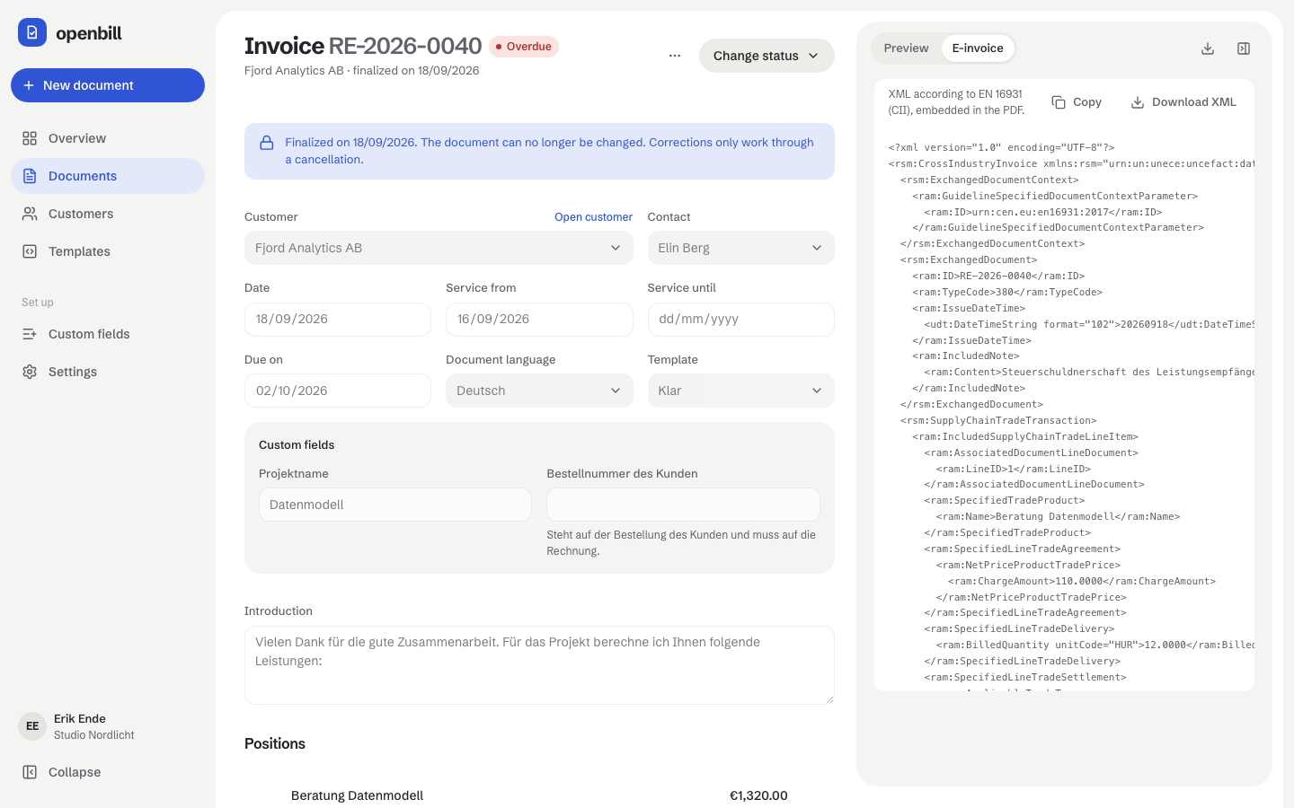 The archived XML of a finalized invoice in the editor