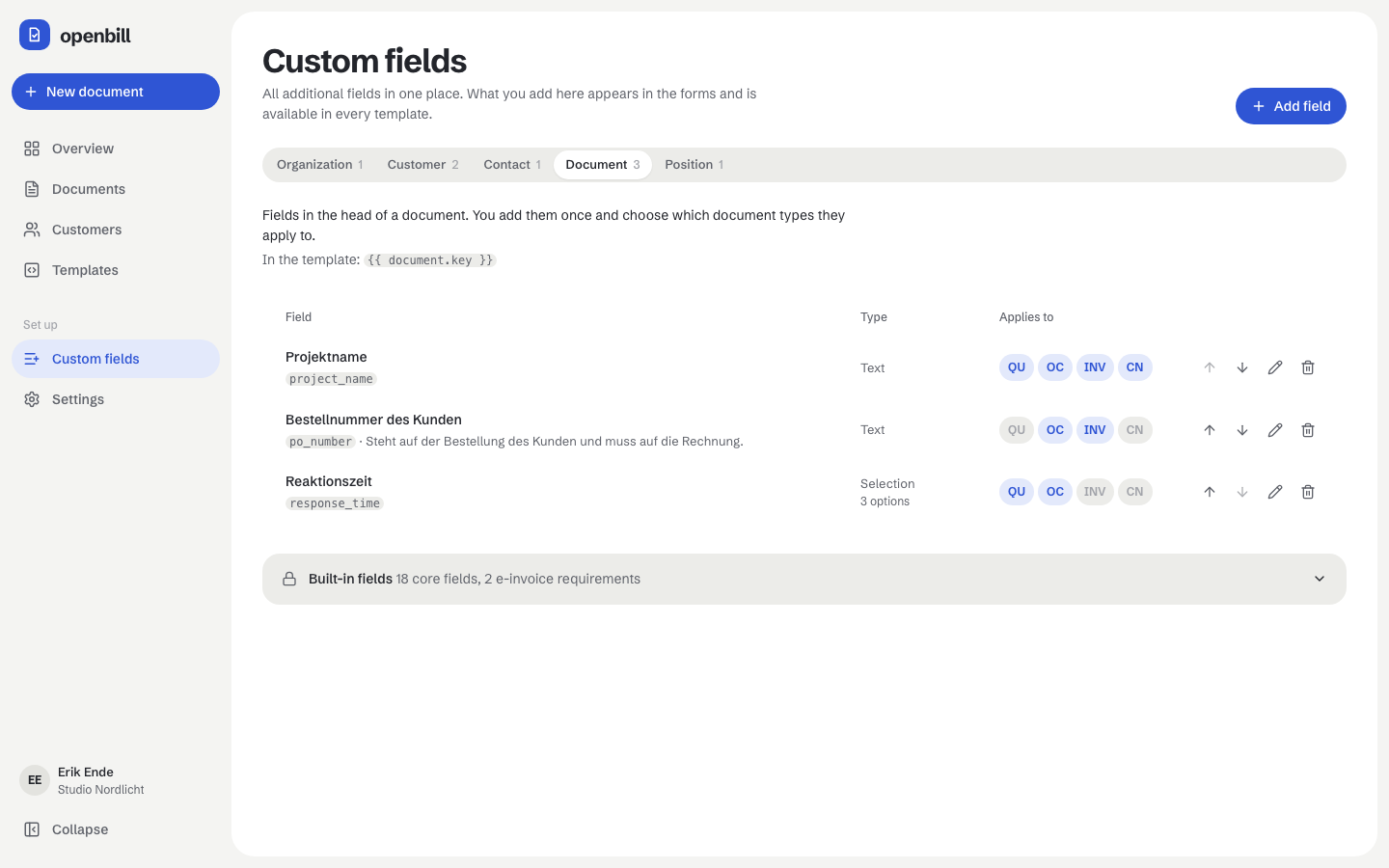 Custom fields of documents