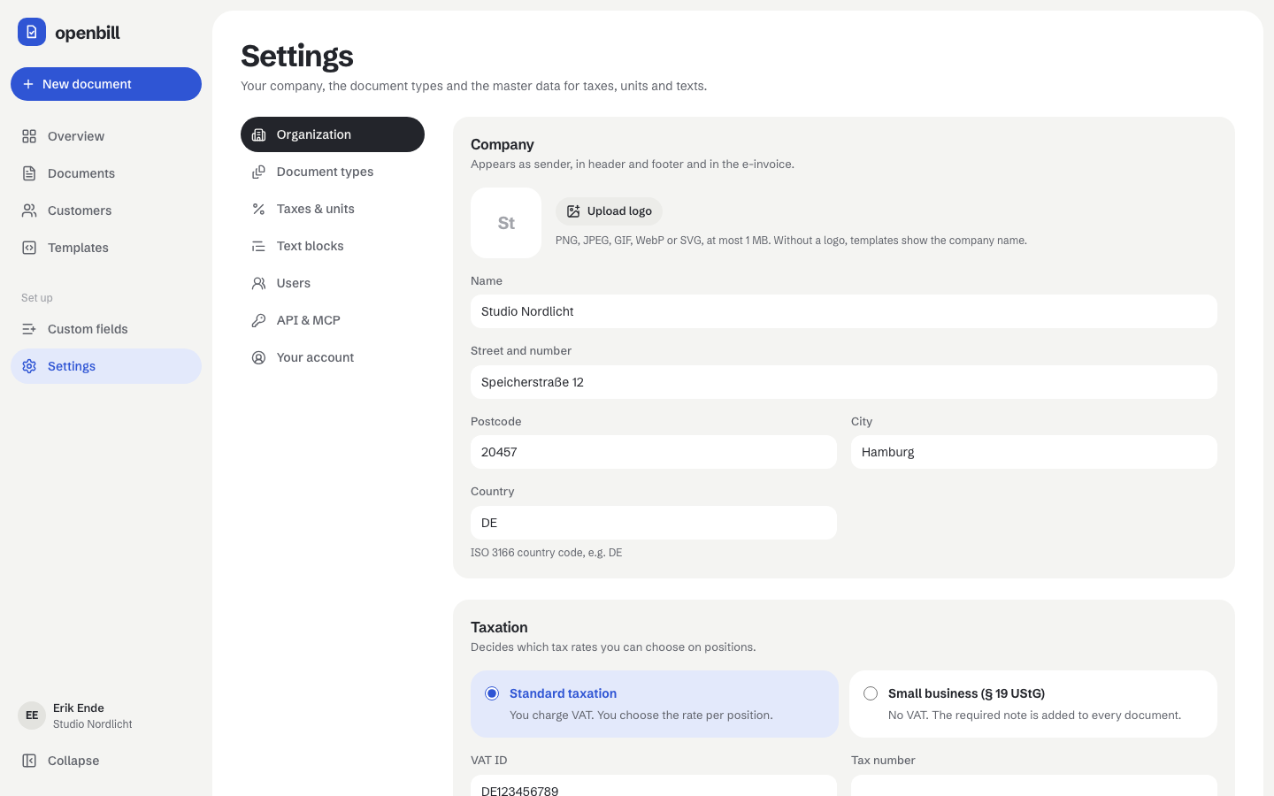 The organization settings with company details, taxation and VAT ID