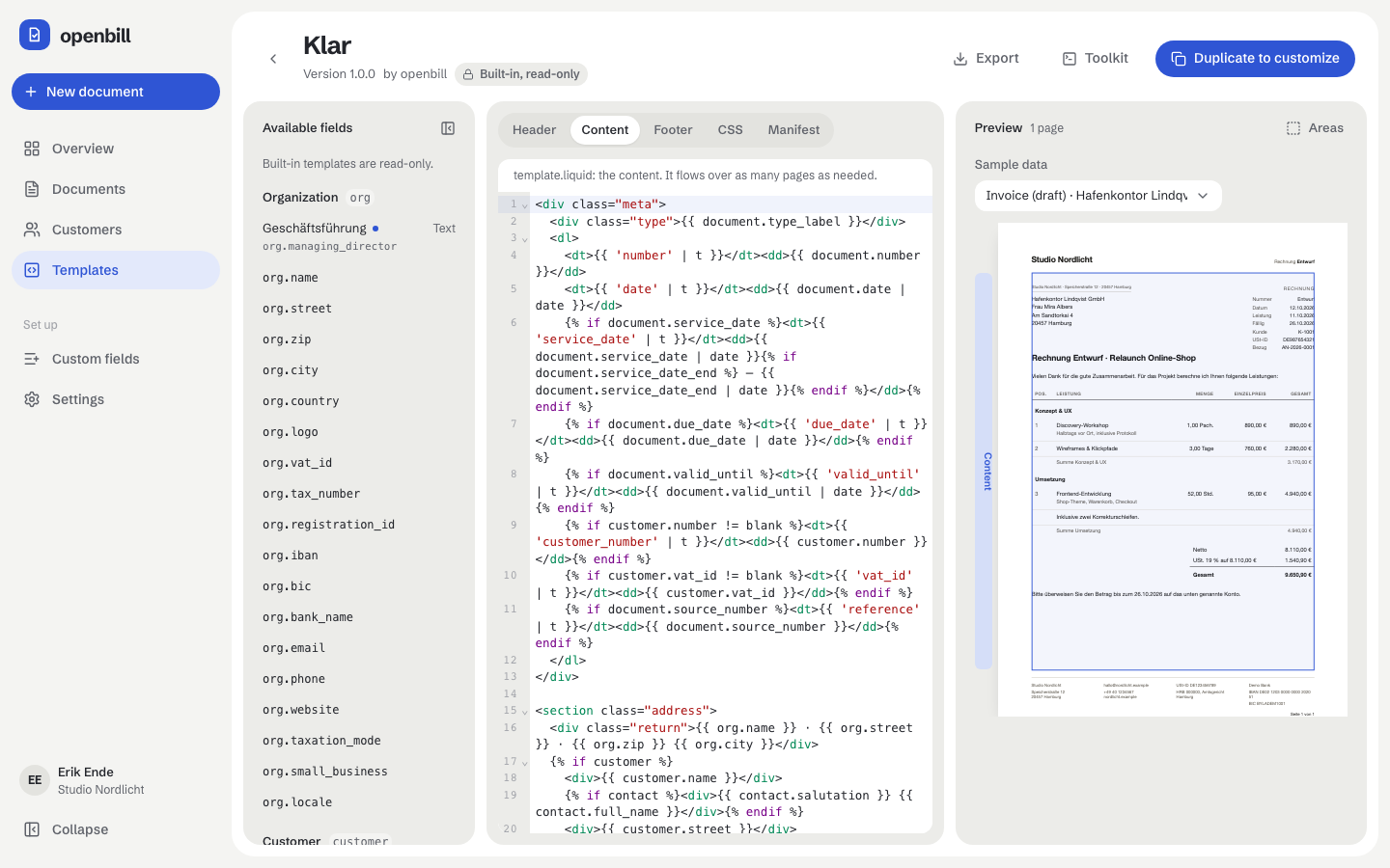 The template editor: code on the left, preview on the right