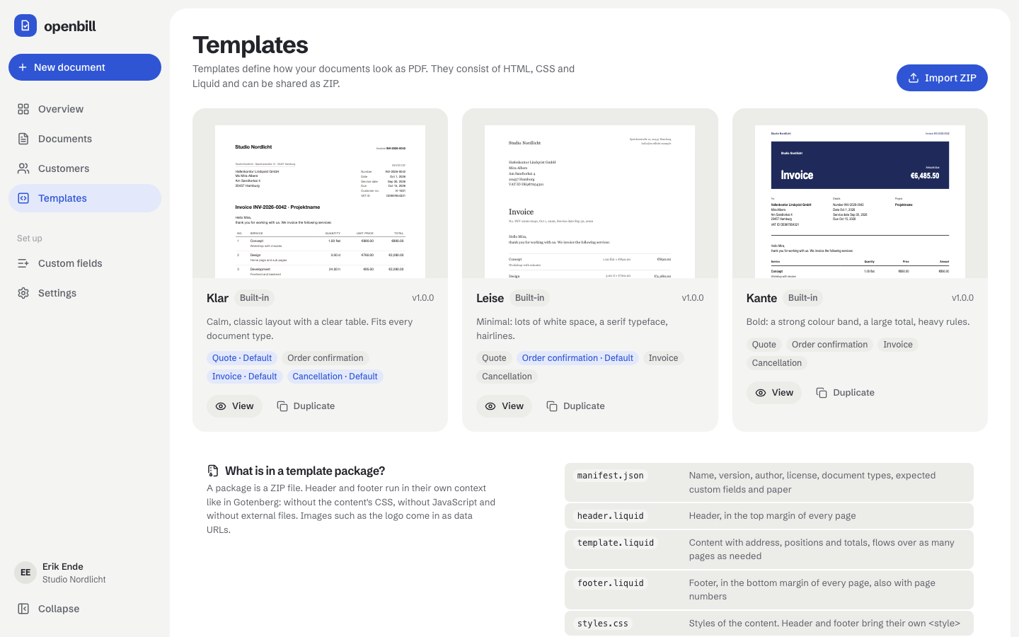 The template gallery with Klar, Kante and Leise