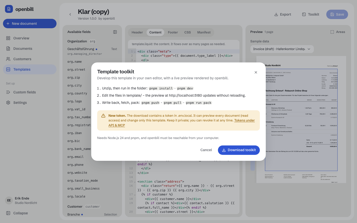 The toolkit dialog of a template in openbill